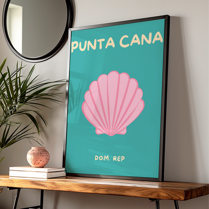 Punta Cana Travel Poster, Dominican Republic Wall Art, Retro Beach Print, Teal Pink Seashell