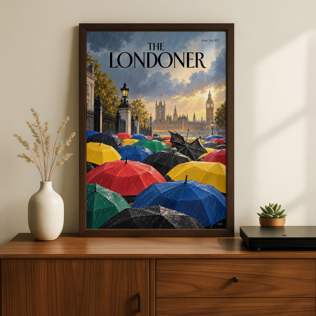 London Rainy Day Umbrellas Poster, Big Ben Westminster Wall Art, Colourful Magazine Cover Art Print