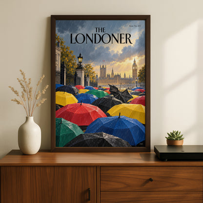 London Rainy Day Umbrellas Poster, Big Ben Westminster Wall Art, Colourful Magazine Cover Art Print