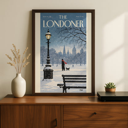 Snowy London Park Poster, Winter Wall Art, Vintage Magazine Cover Print, Lamppost Dog Walker Art