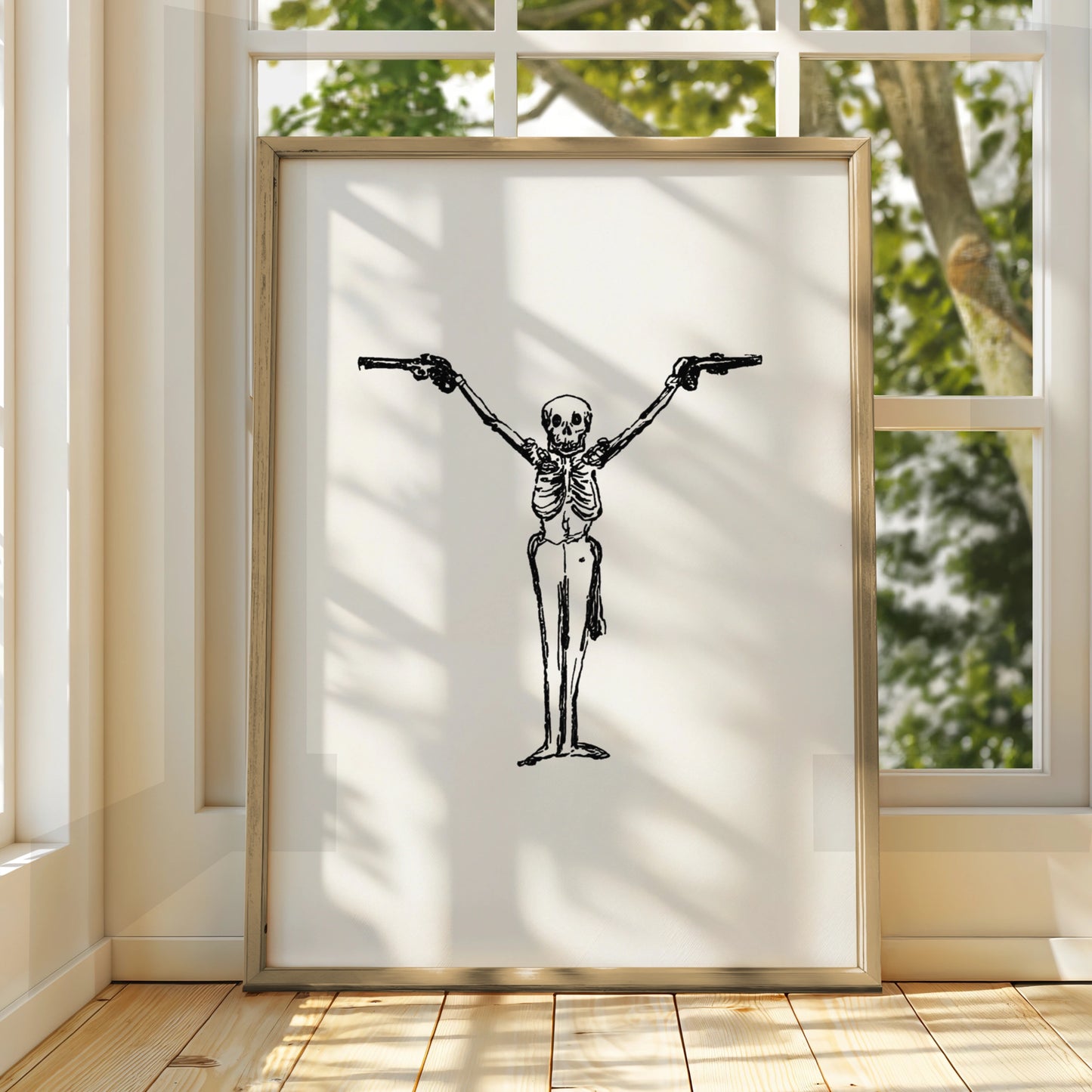 Skeleton With Guns Halloween Art Print, Black White Skull Poster, Spooky Wall Art