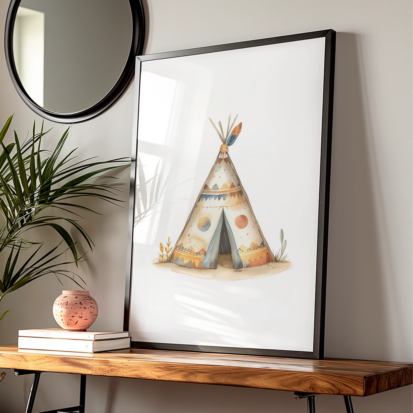 Boho Teepee Nursery Wall Art, Tribal Tipi Poster, Baby Boy Room Decor, Watercolour Print