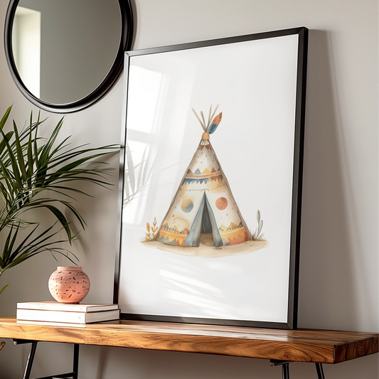 Boho Teepee Nursery Wall Art, Tribal Tipi Poster, Baby Boy Room Decor, Watercolour Print