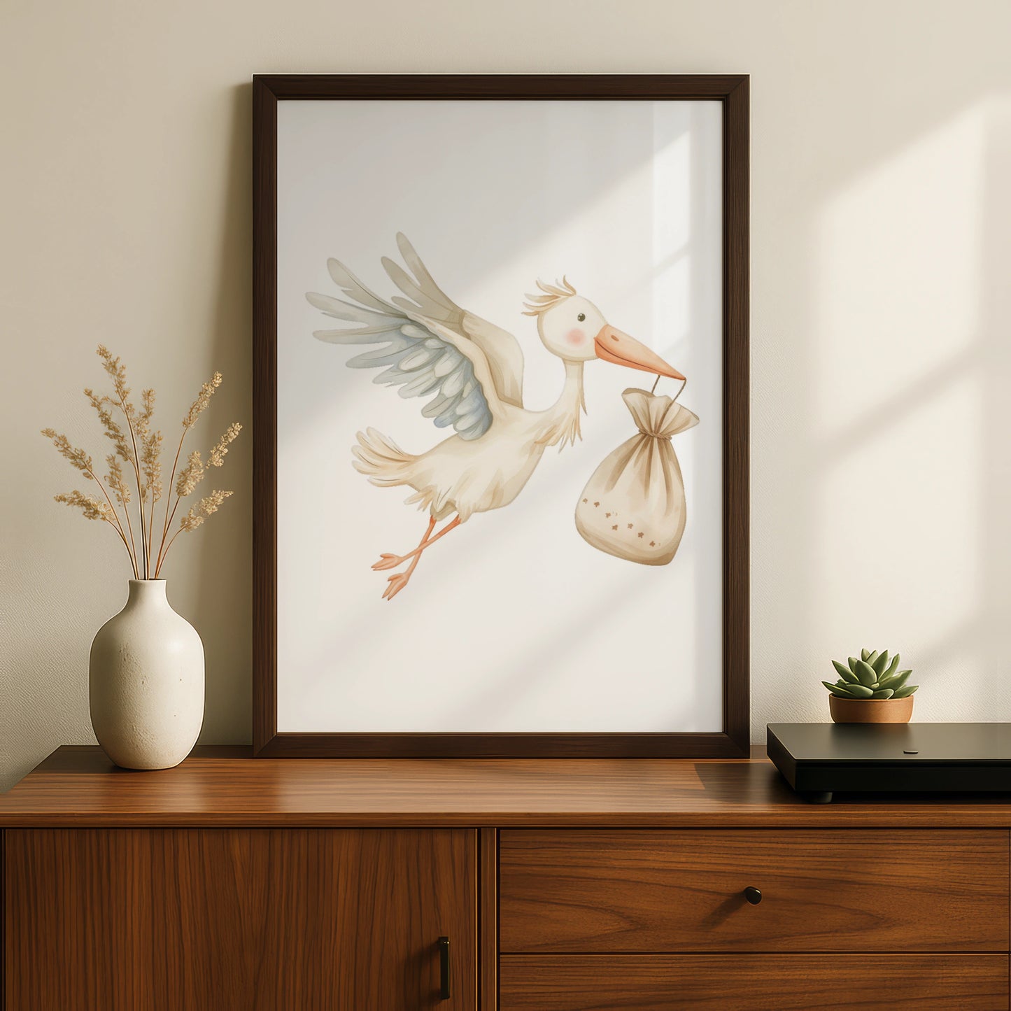Stork Nursery Wall Art, Baby Shower Poster, Watercolour Bird Print, New Baby Gift