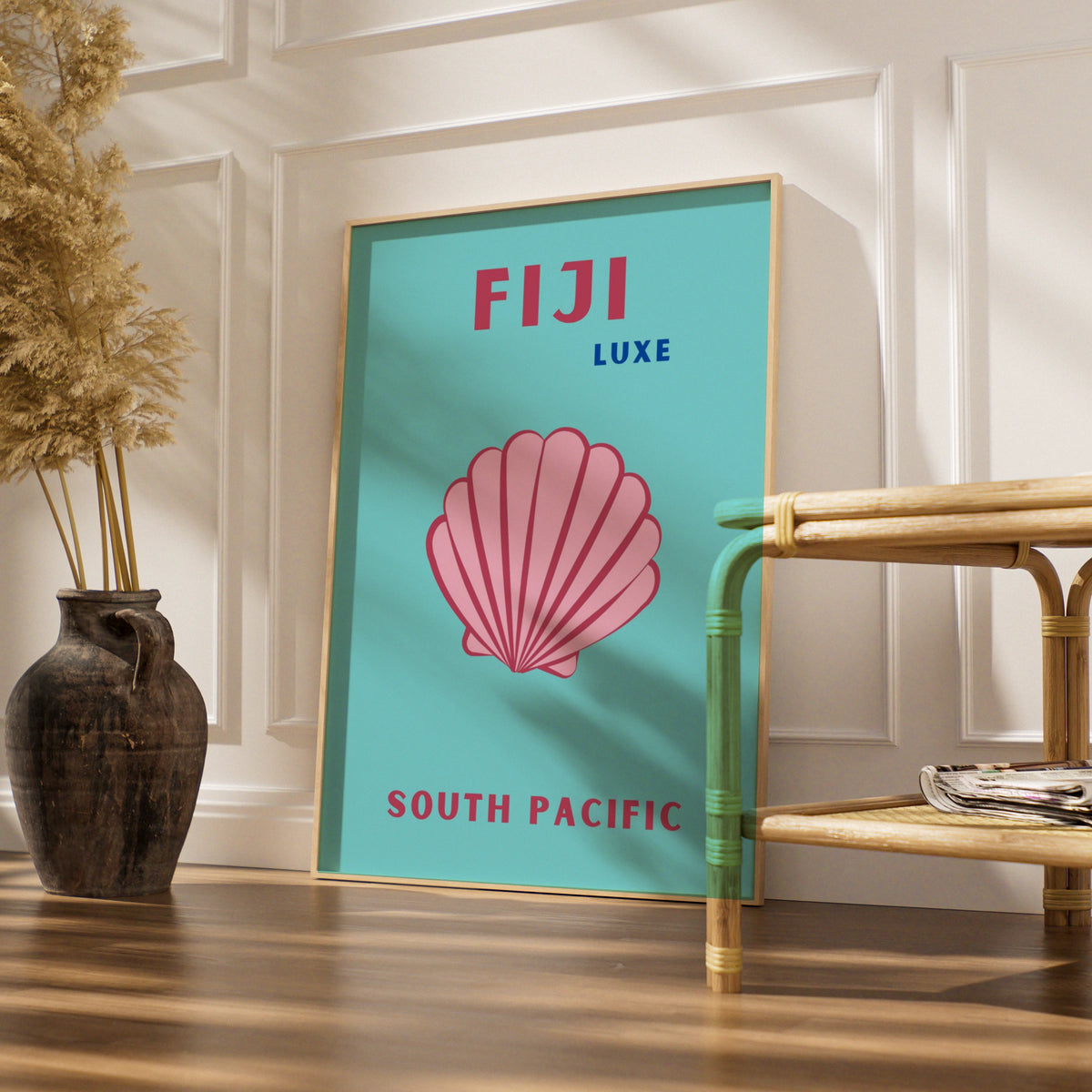 Fiji Travel Poster, South Pacific Wall Art, Retro Seashell Print, Teal Pink Beach Decor