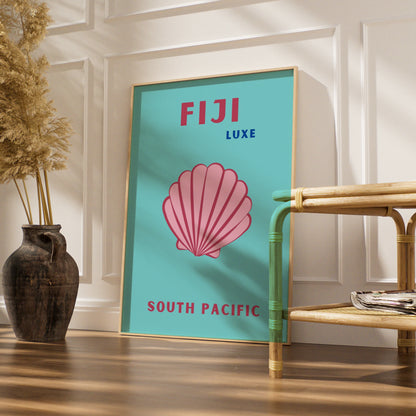 Fiji Travel Poster, South Pacific Wall Art, Retro Seashell Print, Teal Pink Beach Decor