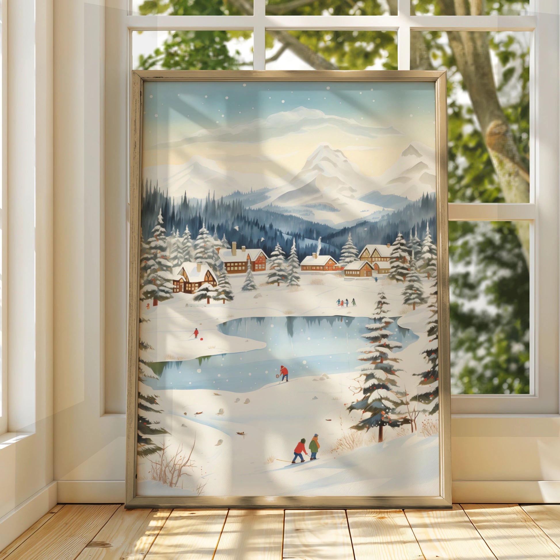 Christmas Winter Village Poster, Snowy Mountain Scene, Festive Wall Art, Holiday Home Decor Print