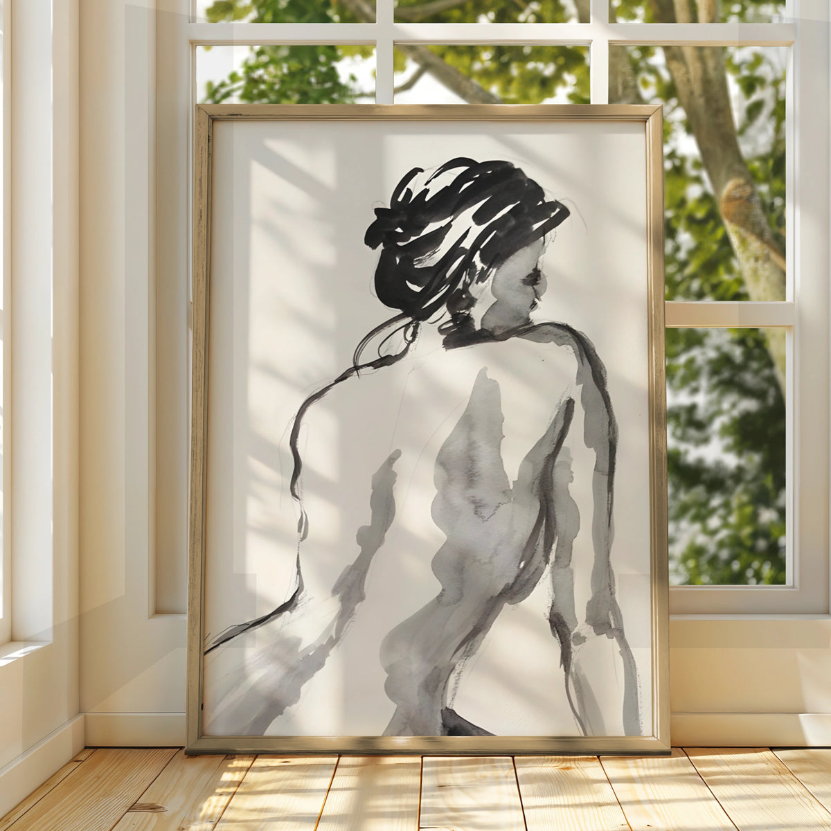 Female Figure Ink Sketch Print, Monochrome Wall Art, Minimalist Black and White Poster