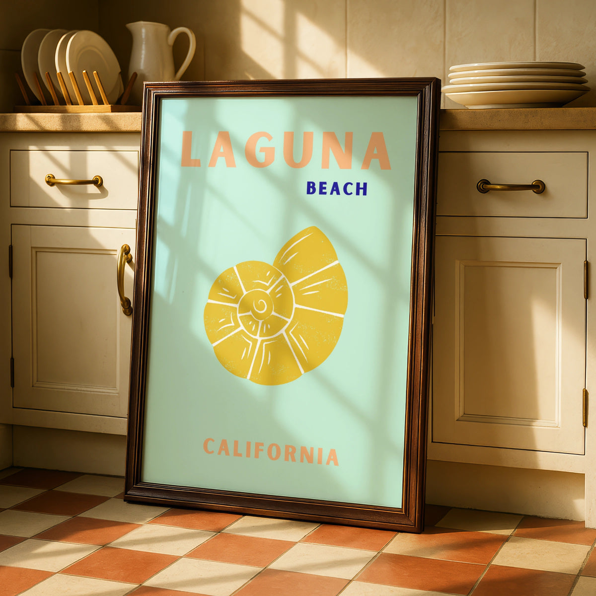 Laguna Beach California Travel Poster, Retro Coastal Wall Art, Seashell Print
