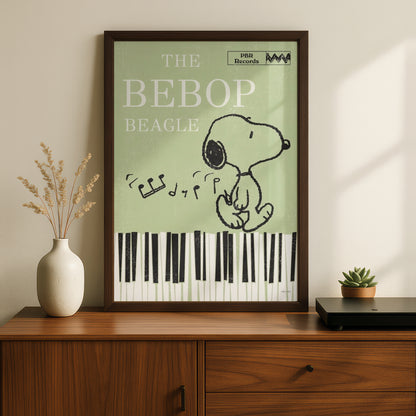 Bebop Beagle Jazz Poster, Retro Cartoon Dog Piano Keys Wall Art, Sage Green Music Room Decor
