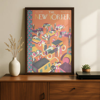 New Yorker 1927 Art Deco Poster, Vintage NYC Traffic Cover Print, Retro Wall Art