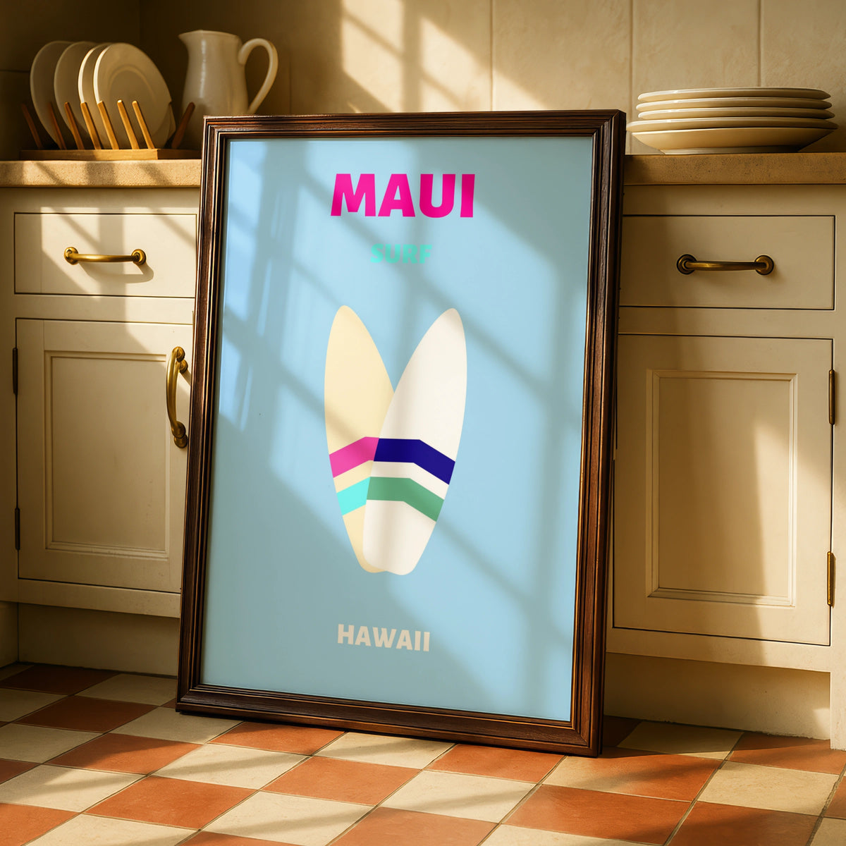 Maui Hawaii Travel Poster, Surf Wall Art, Retro Surfboard Print, Beach Decor