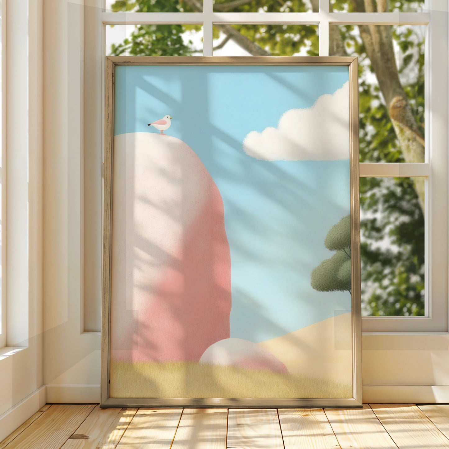 Nursery Wall Art Bird on Rock Print, Pastel Landscape Poster, Baby Room Decor