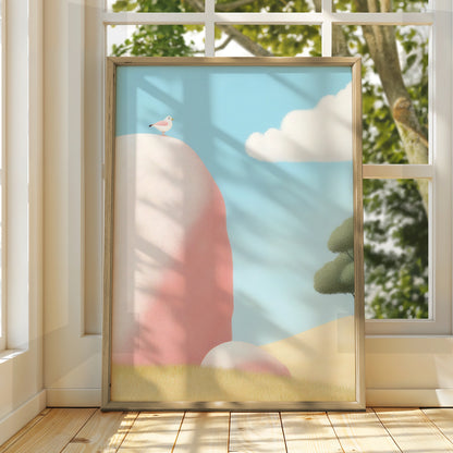 Nursery Wall Art Bird on Rock Print, Pastel Landscape Poster, Baby Room Decor