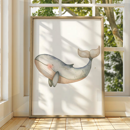 Whale Nursery Wall Art, Watercolour Ocean Print, Baby Room Poster, Cute Sea Animal Decor