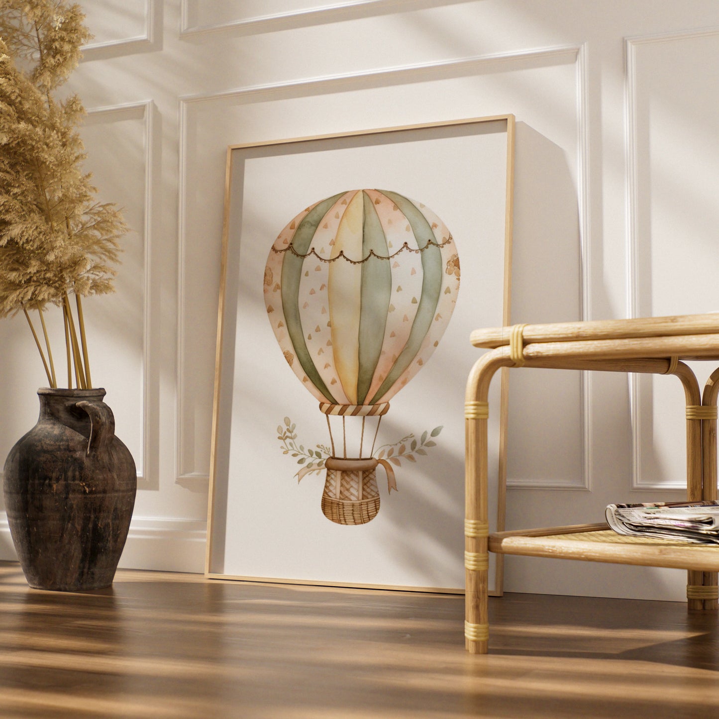 Hot Air Balloon Nursery Wall Art, Boho Baby Poster, Sage Green Neutral Decor Print
