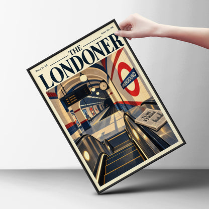 London Tube Station Poster, Retro Magazine Cover Wall Art, Escalator Illustration, Transport Print