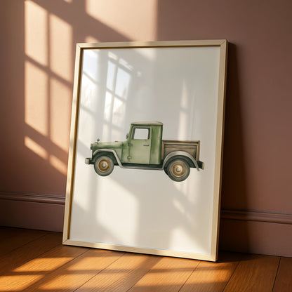 Vintage Green Truck Nursery Wall Art, Boys Room Poster, Watercolour Car Print
