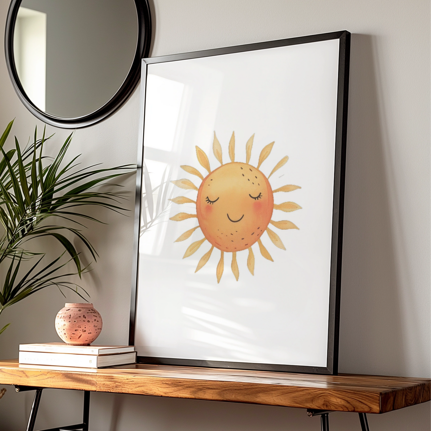 Nursery Sun Wall Art, Cute Smiling Sun Poster, Watercolour Baby Room Print, Kids Decor