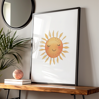 Nursery Sun Wall Art, Cute Smiling Sun Poster, Watercolour Baby Room Print, Kids Decor