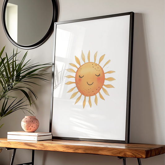 Nursery Sun Wall Art, Cute Smiling Sun Poster, Watercolour Baby Room Print, Kids Decor