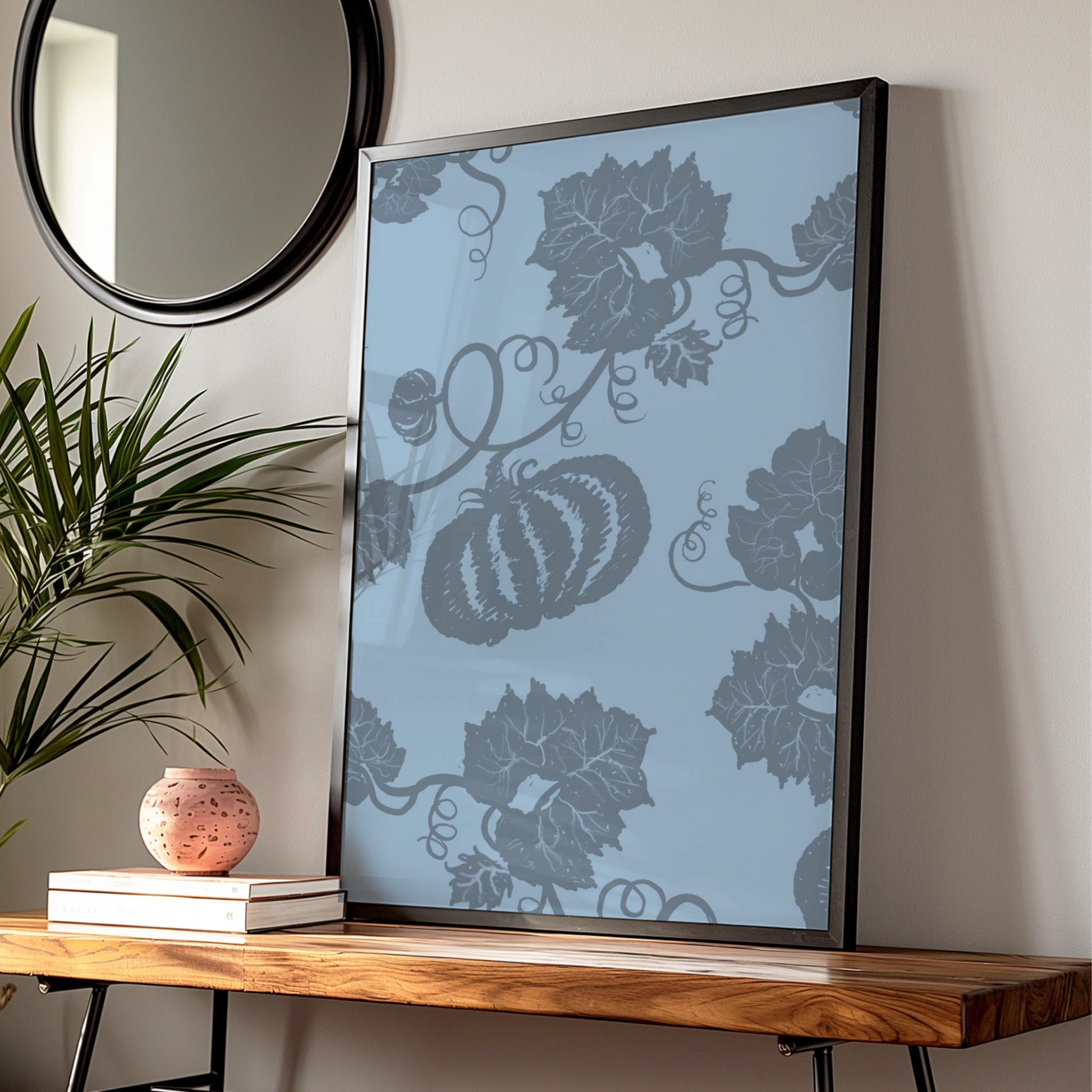 Halloween Pumpkin Vine Wall Art, Blue Grey Botanical Poster, Spooky Autumn Decor Print