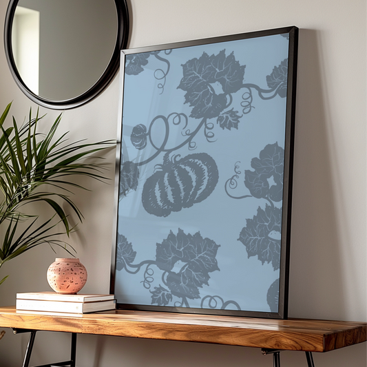 Halloween Pumpkin Vine Wall Art, Blue Grey Botanical Poster, Spooky Autumn Decor Print