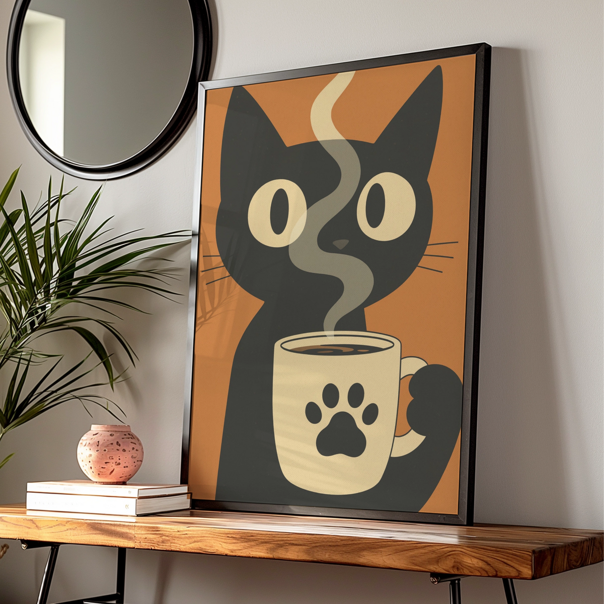 Black Cat Coffee Cartoon Poster, Funny Cat Wall Art, Retro Quirky Print, Kitchen Decor