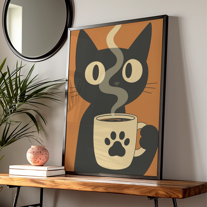 Black Cat Coffee Cartoon Poster, Funny Cat Wall Art, Retro Quirky Print, Kitchen Decor