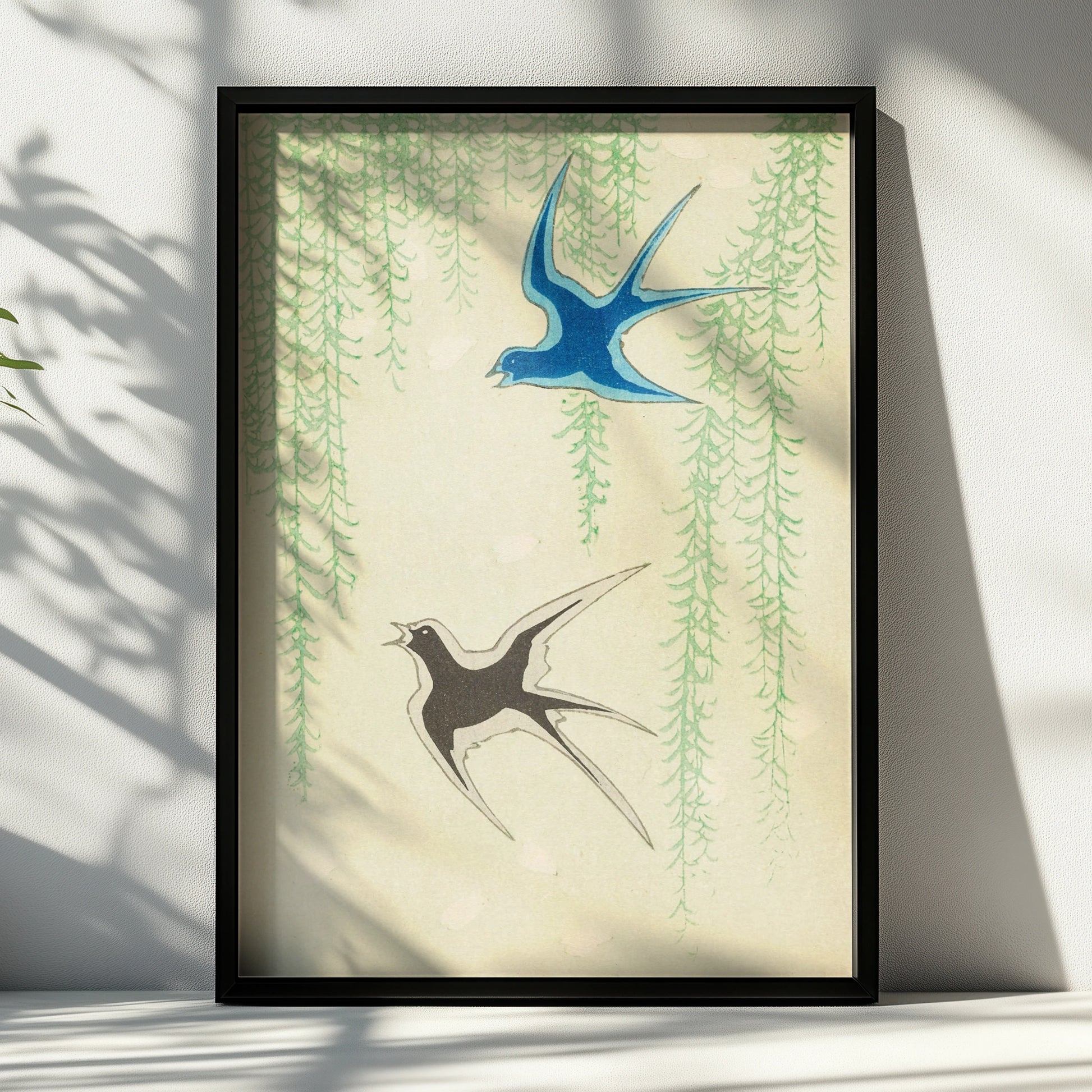 Japanese Swallow Wall Art, Vintage Woodblock Bird Print, Japandi Willow Poster – A4 Black frame