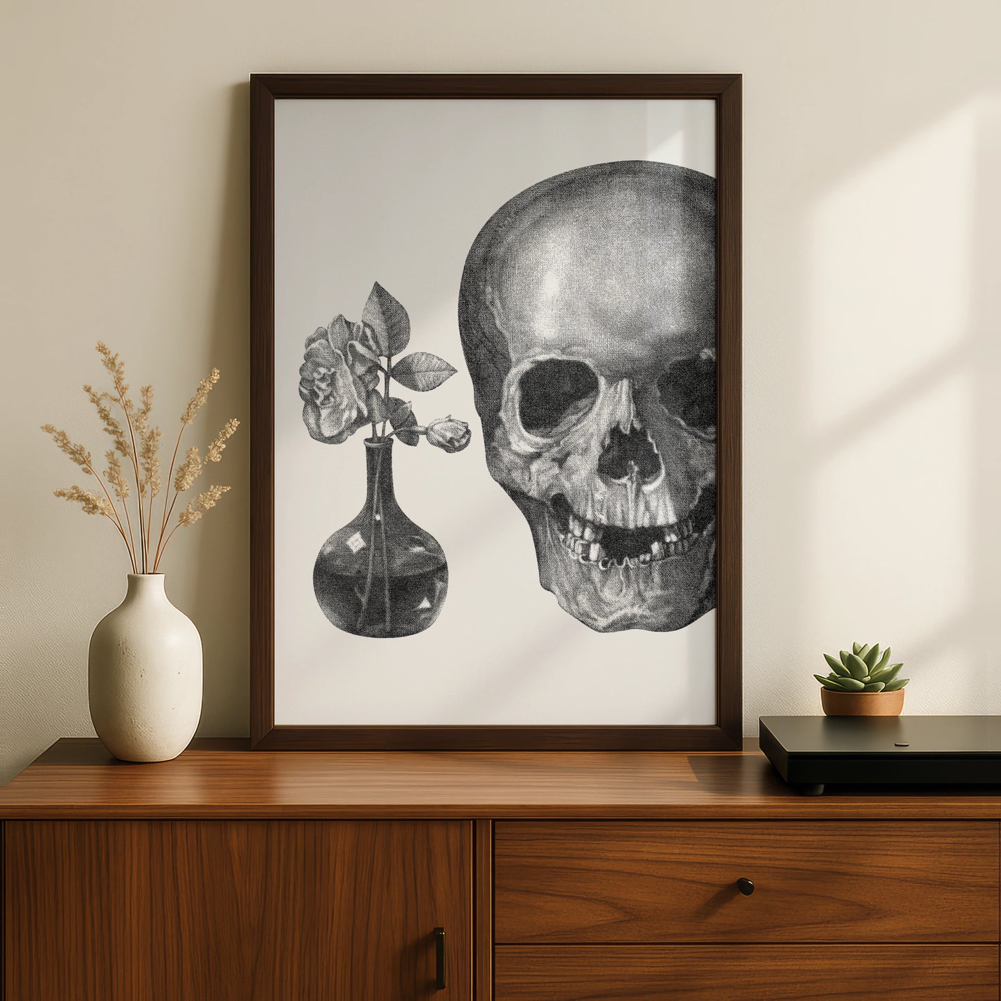 Skull and Rose Halloween Wall Art, Gothic Black White Vanitas Poster, Dark Floral Print