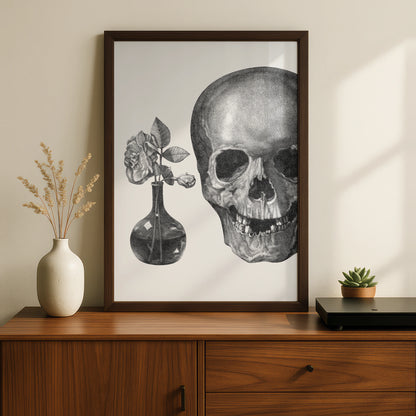 Skull and Rose Halloween Wall Art, Gothic Black White Vanitas Poster, Dark Floral Print