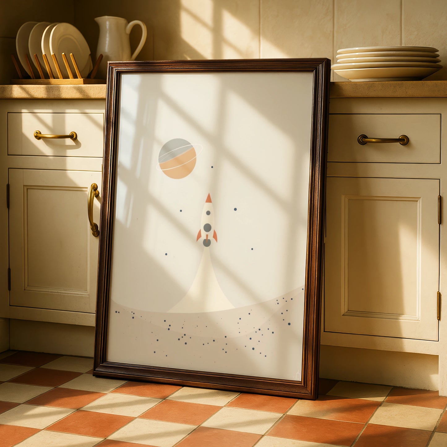 Rocket Space Nursery Wall Art, Boys Room Poster, Saturn Planet Print, Boho Beige Kids Decor