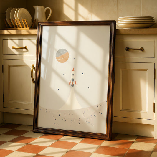 Rocket Space Nursery Wall Art, Boys Room Poster, Saturn Planet Print, Boho Beige Kids Decor