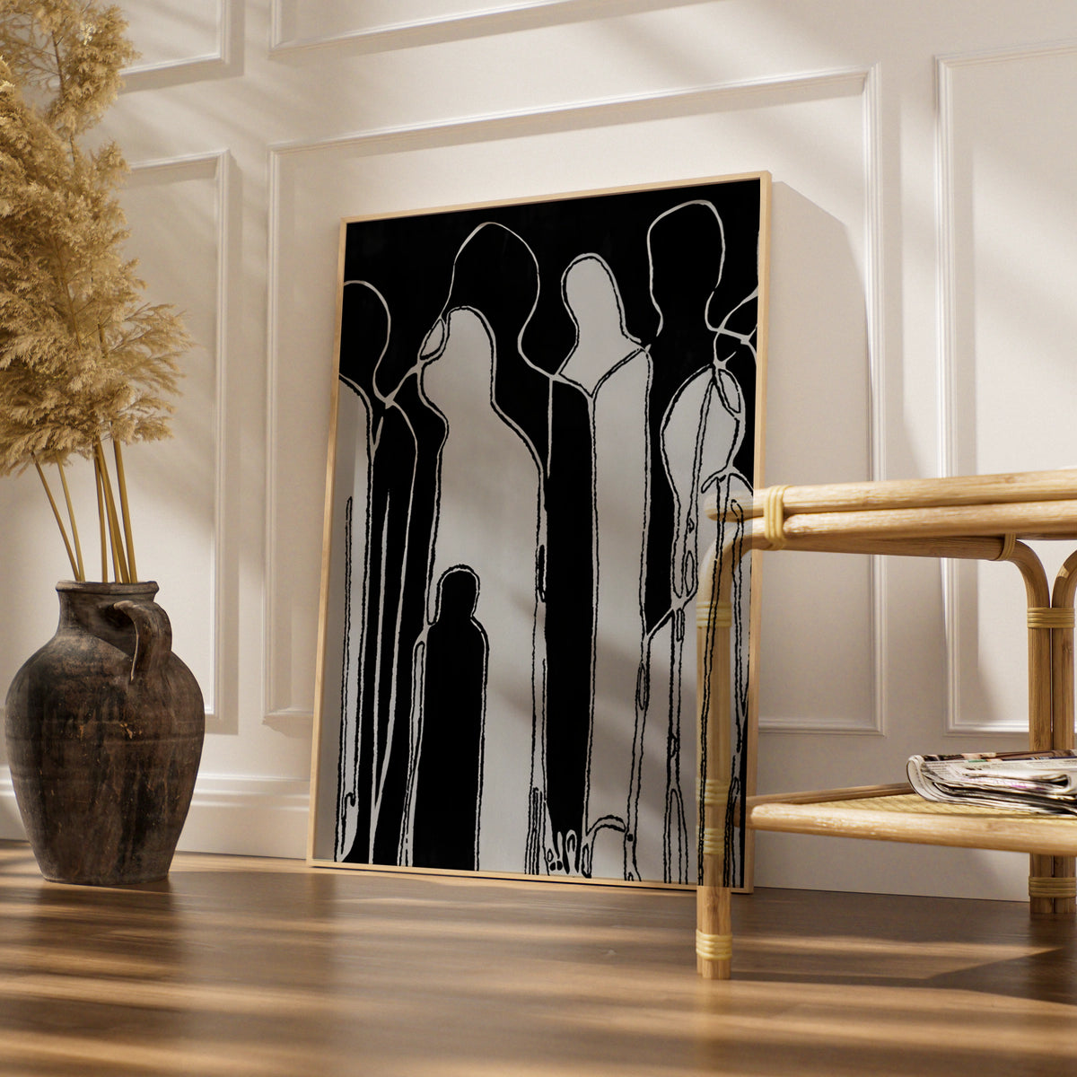 Abstract Figure Group Print, Monochrome Wall Art, Black and White Minimalist Poster, Modern Decor