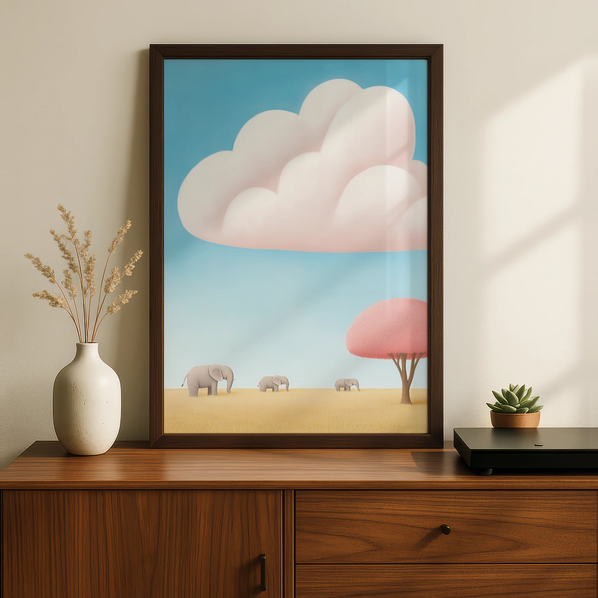 Elephant Nursery Wall Art, Baby Safari Print, Cute Kids Poster, Blue Pink Pastel
