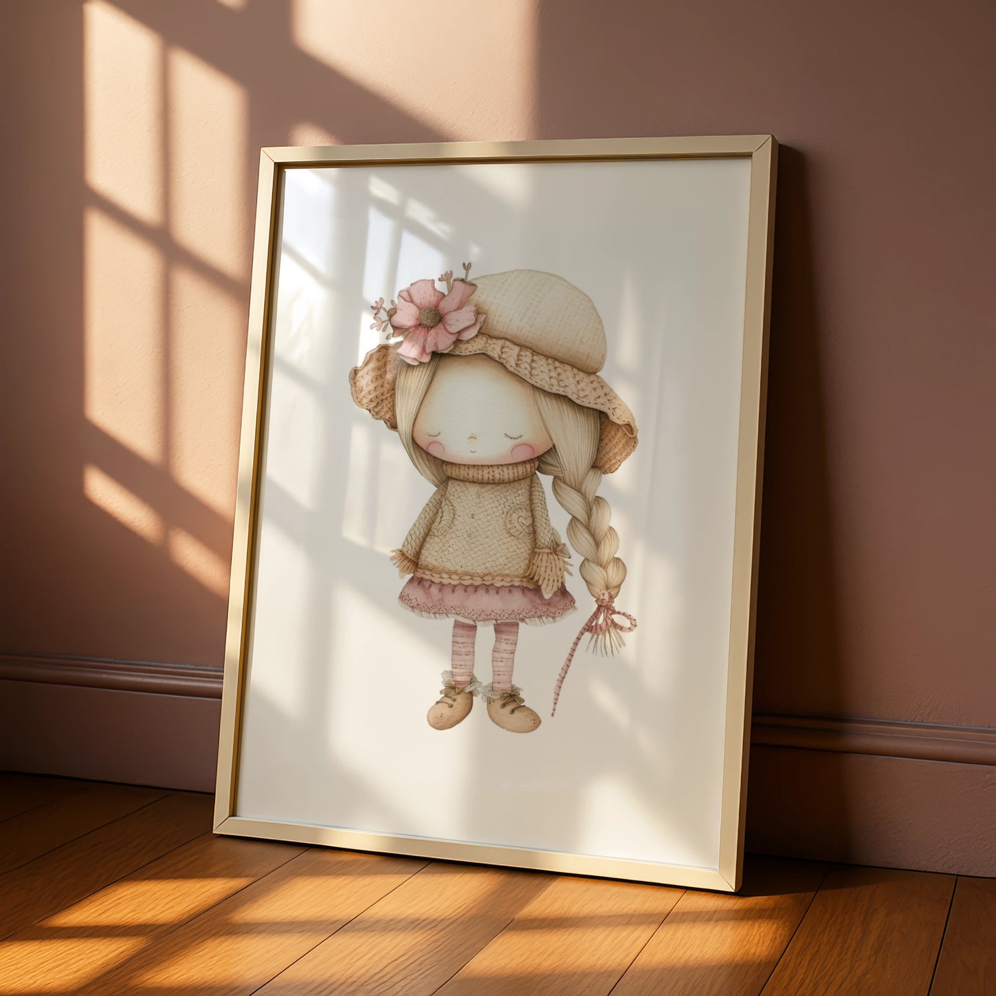 Nursery Wall Art Girl Print, Boho Doll Poster, Pink Beige Baby Girl Room Decor