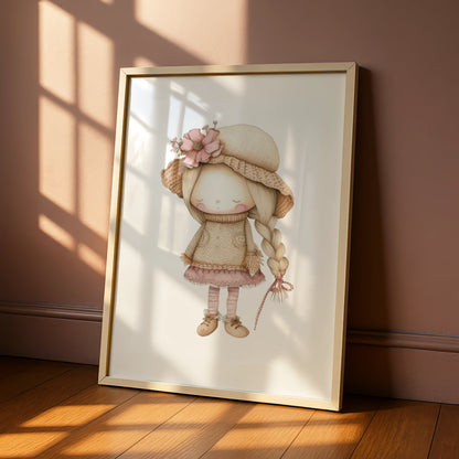 Nursery Wall Art Girl Print, Boho Doll Poster, Pink Beige Baby Girl Room Decor