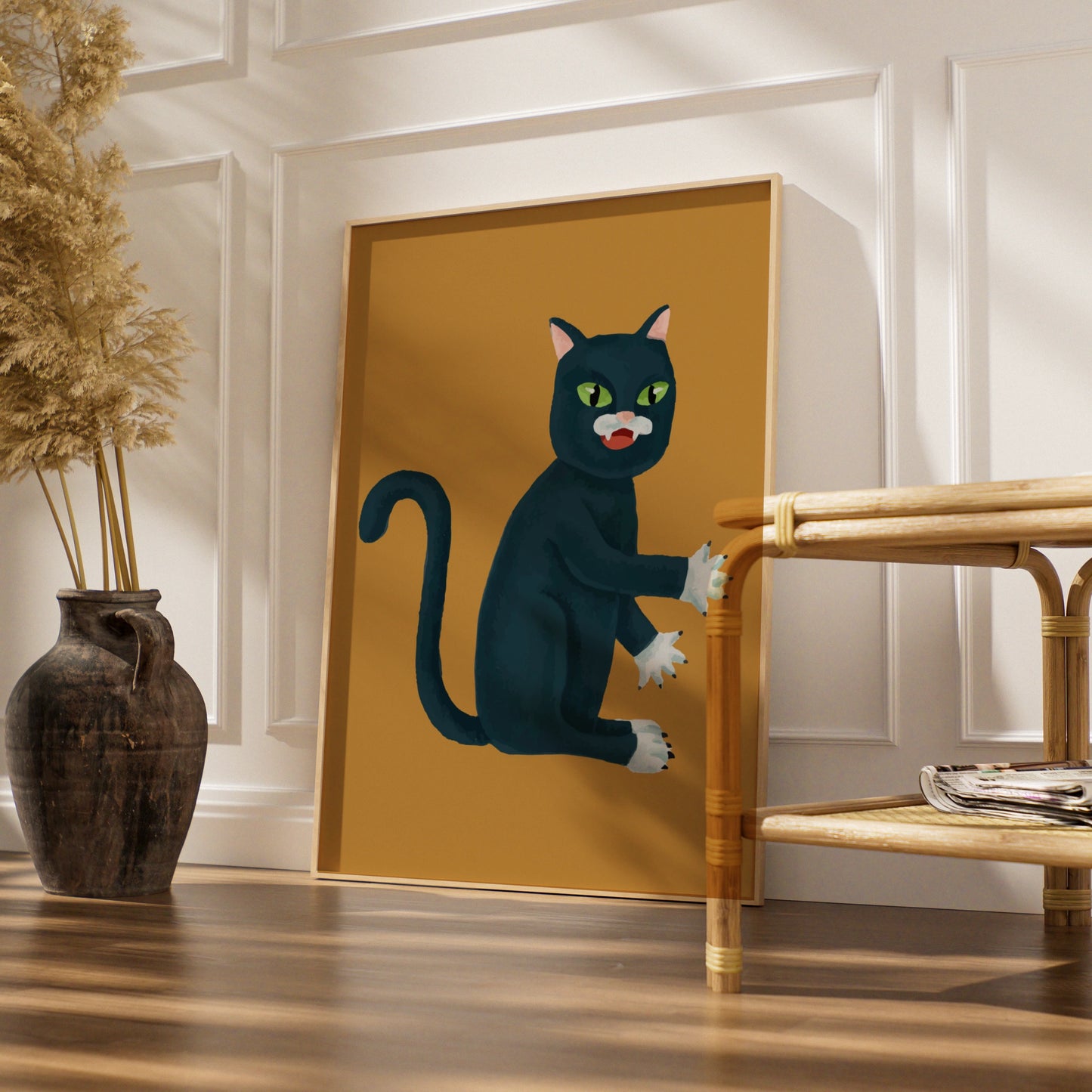 Halloween Black Cat Poster, Spooky Cat Wall Art, Witchy Cat Print, Mustard Orange Decor
