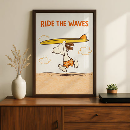Surfing Dog Cartoon Poster, Ride The Waves Funny Beach Print, Quirky Wall Art