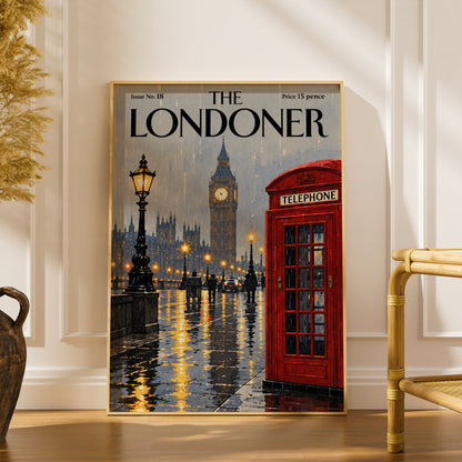 London Rainy Night Poster, Big Ben Red Telephone Box Wall Art, Vintage Magazine Cover Art Print