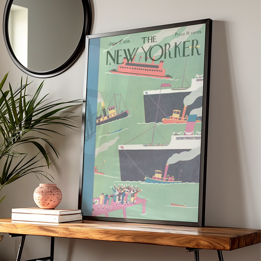 New Yorker 1928 Cover Poster, Vintage Harbour Ships Art, Art Deco Wall Print