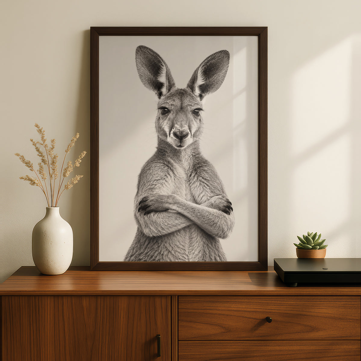 Kangaroo Portrait Print, Arms Crossed Australian Wall Art, Black White Animal Poster