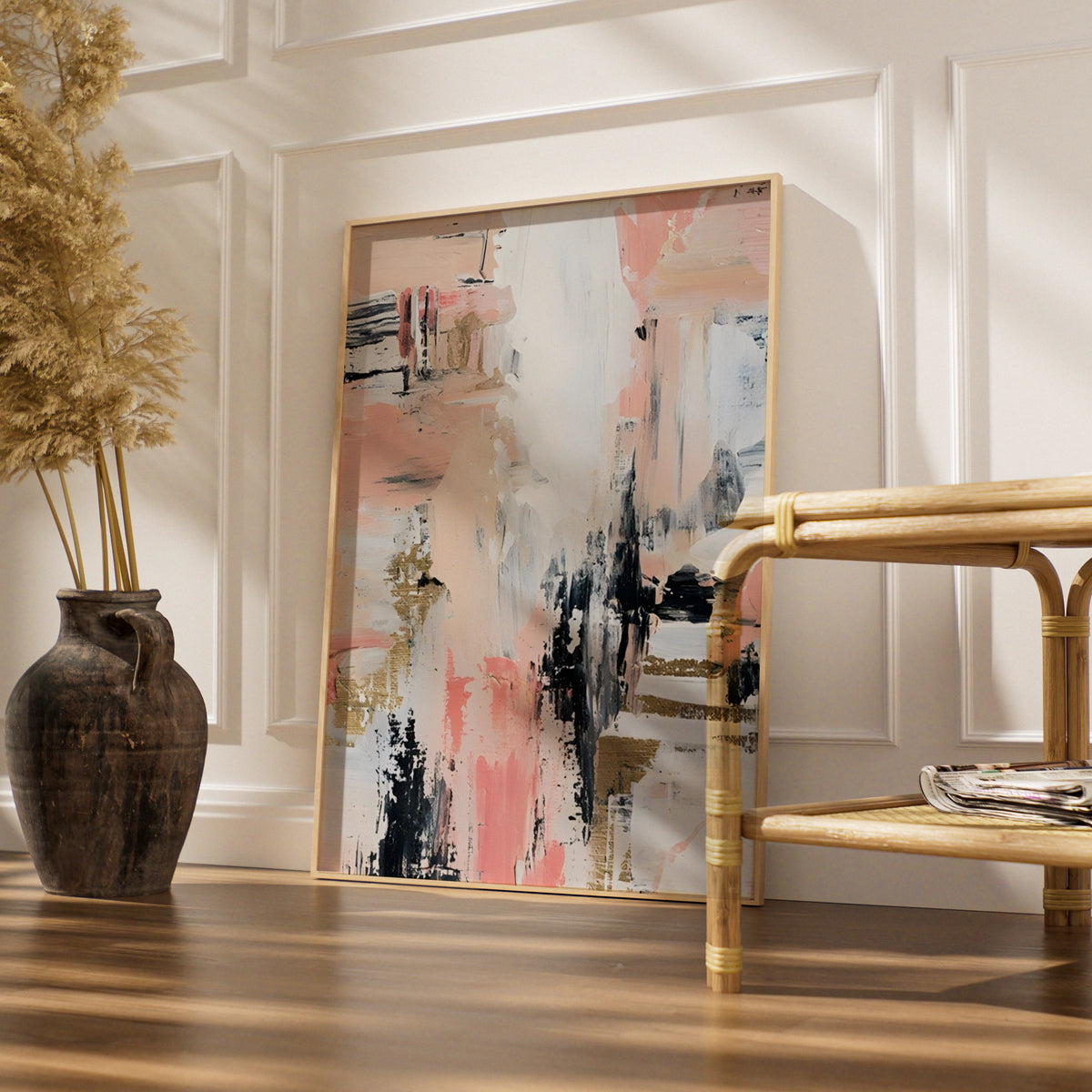 Abstract Monochrome Wall Art, Pink Black Gold Brushstroke Print, Modern Gallery Poster
