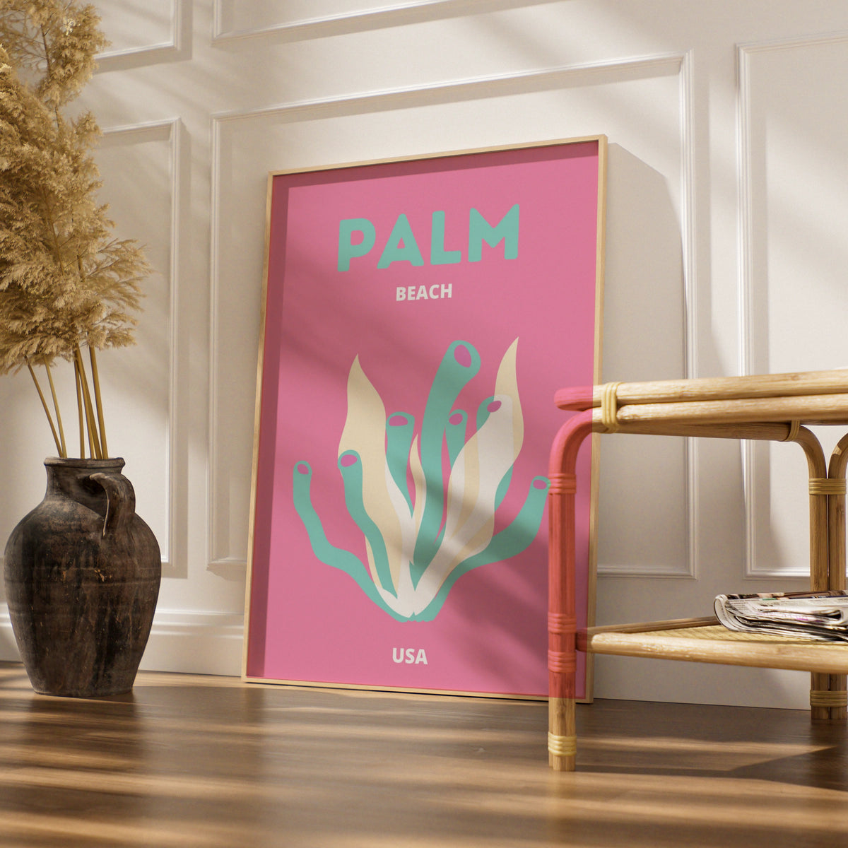 Palm Beach Travel Poster, Florida USA Wall Art, Retro Beach Print, Pink Coral Coastal Decor