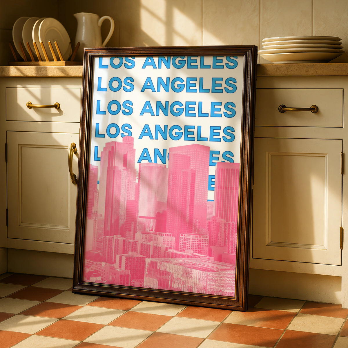 Los Angeles Travel Poster, Retro LA City Wall Art, Pink Blue Skyline Print, California