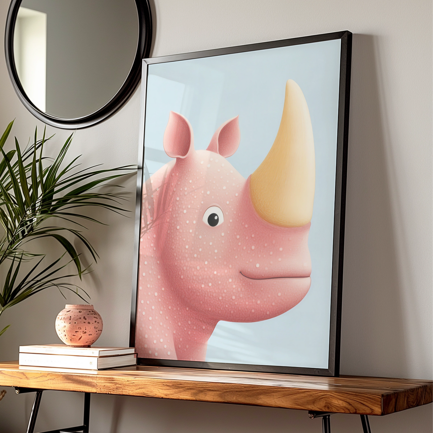 Cute Rhino Nursery Wall Art, Baby Animal Poster, Pink Rhinoceros Print for Kids Room