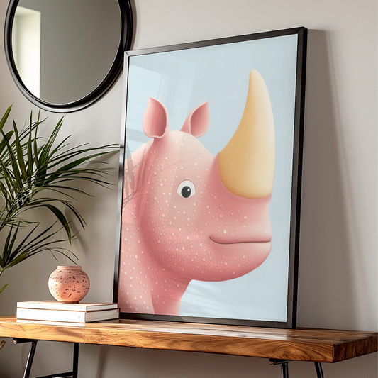 Cute Rhino Nursery Wall Art, Baby Animal Poster, Pink Rhinoceros Print for Kids Room