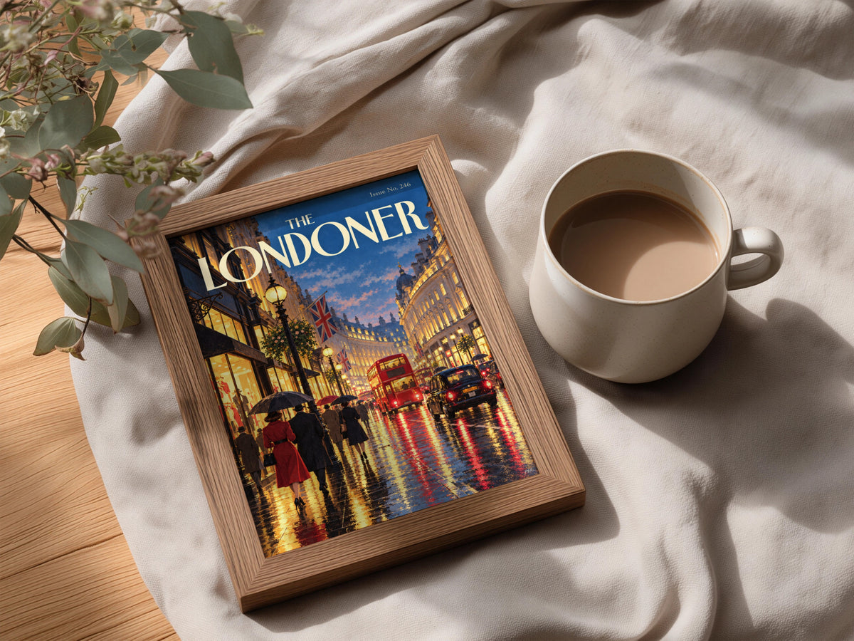The Londoner Poster, London Street Wall Art, Rainy Evening Art Print, Red Bus Black Cab
