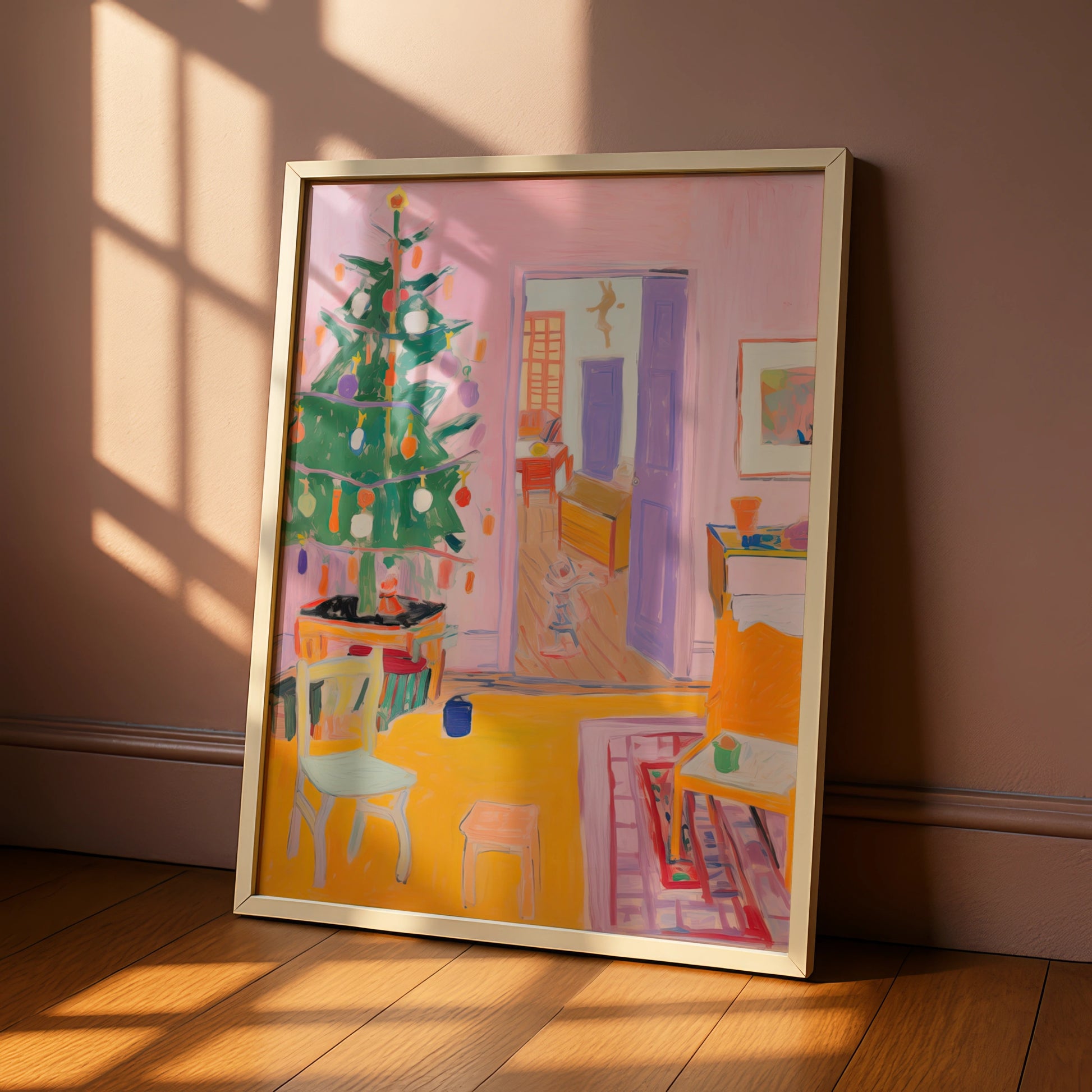 Christmas Room Poster, Colourful Xmas Tree Print, Festive Interior Wall Art, Pink Holiday Decor
